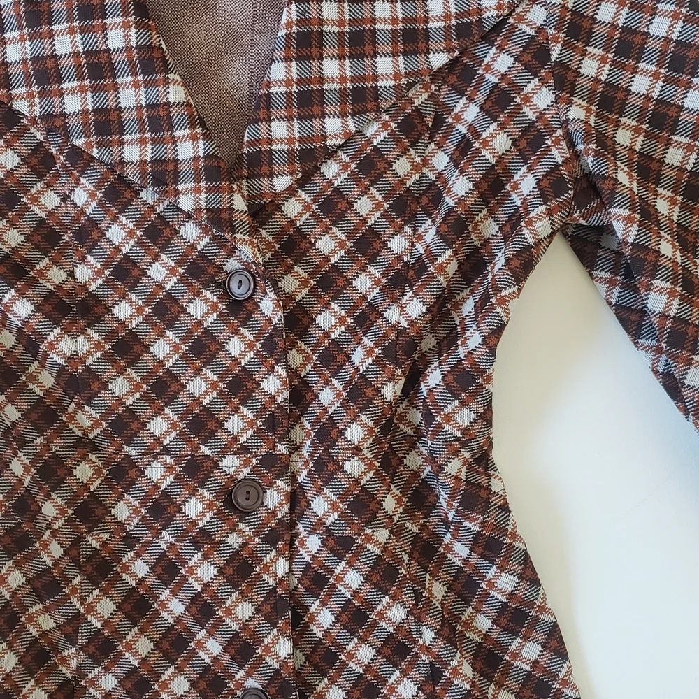 1970s M/L Vintage Dark Brown Burnt Orange Cream Autumn Fall Rust Plaid Peacoat